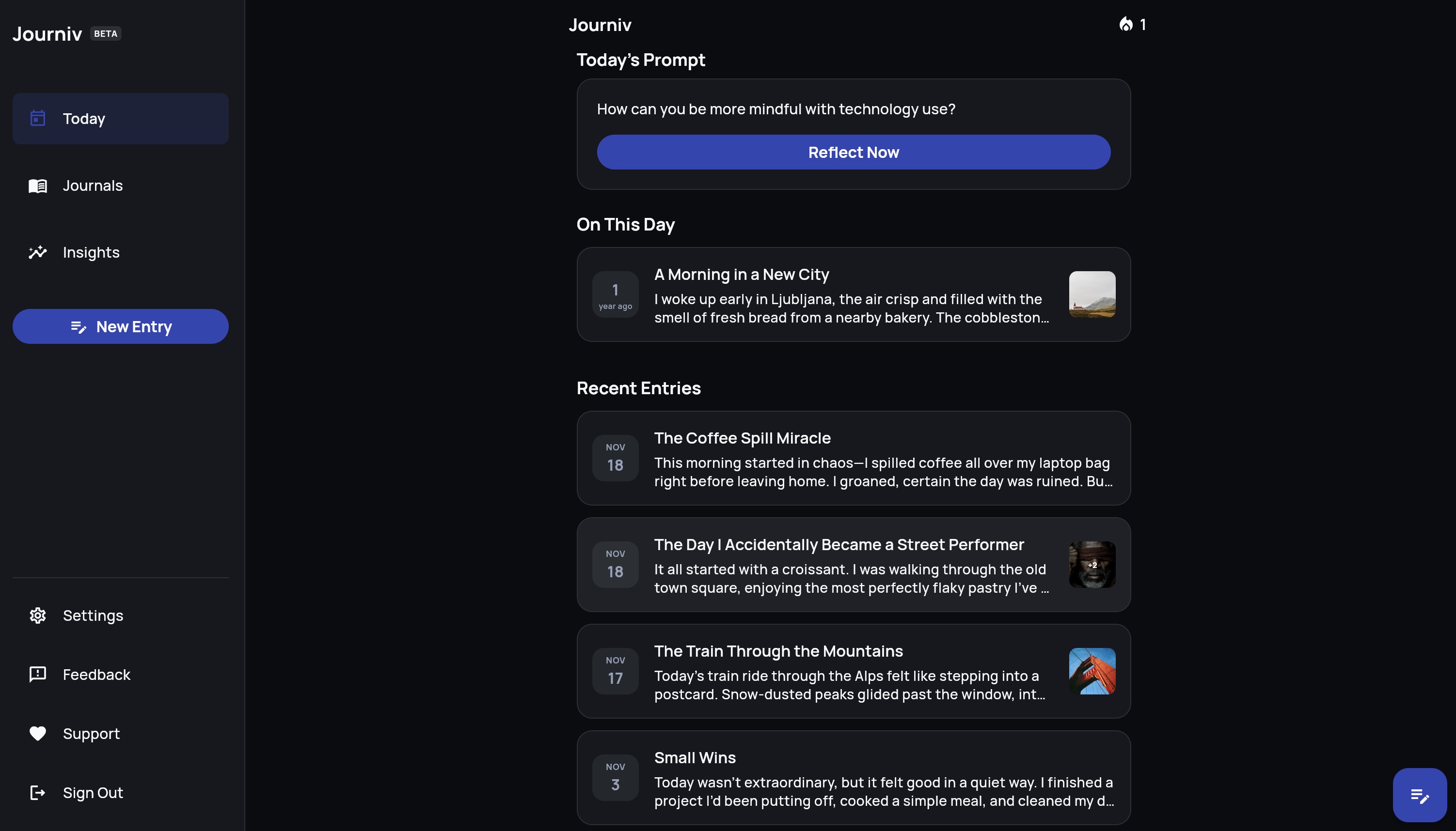 Journiv Dashboard Screenshot (Dark Mode)